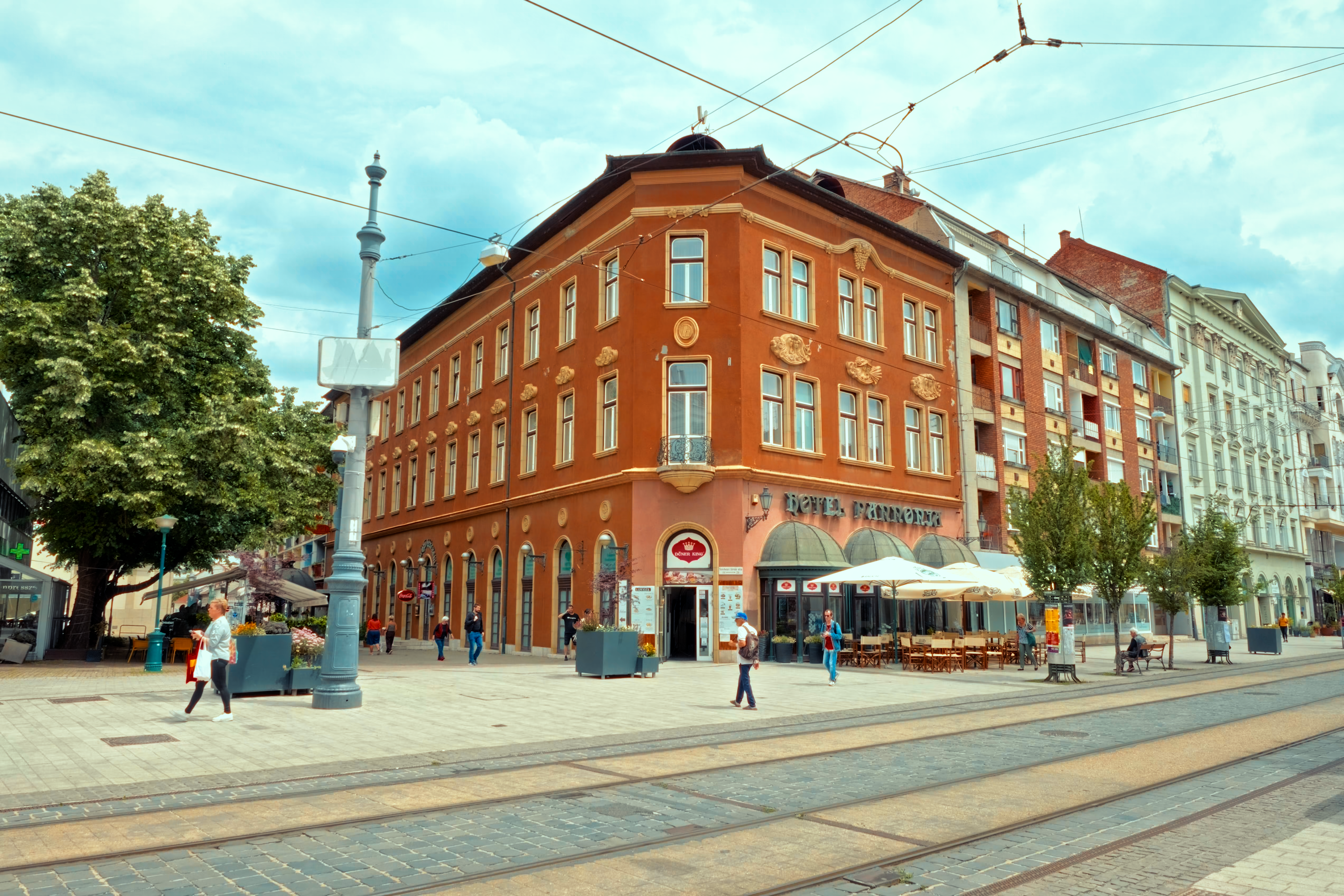 Historic facade of the Pannonia Hotel in downtown Miskolc